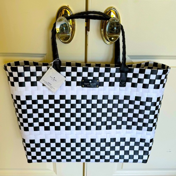 NEW Giant HUGE Woven Tote Kate Spade Black and White Beach Bag Weekender Travel - Picture 6 of 9